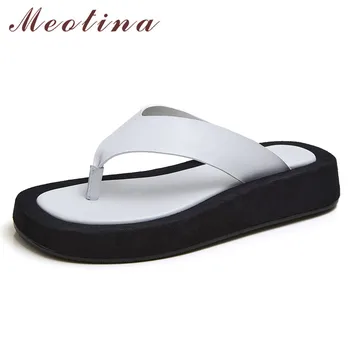 

Meotina Flip Flops Real Leather Slippers Platform Wedge Mid Heel Slides Round Toe Women Sandals Black White Summer Large Size 40