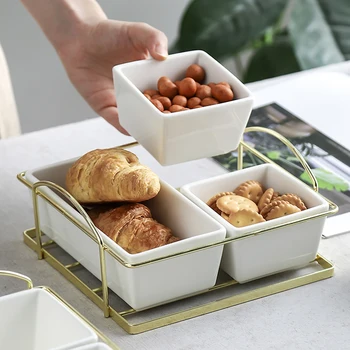 

6pcs Nordic Ceramic White Fruit Snacks Grid Plate with Shelf Simple Living Room Office Shop Dried Fruit Snack Platter Sauce Dish