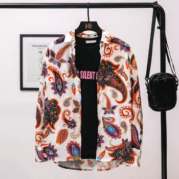 

#1679 Summer Streetwear Men Printed Shirts Long Sleeve Loose Vintage Casual Beach Shirts For Men Retro Hawaiian Shirt