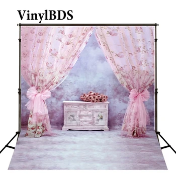 

VinylBDS Indoor Wedding Backgrounds Pink Floral Curtain Children Backdrop Bokeh Brick Wall Newborn Backdrops for Photo Studio
