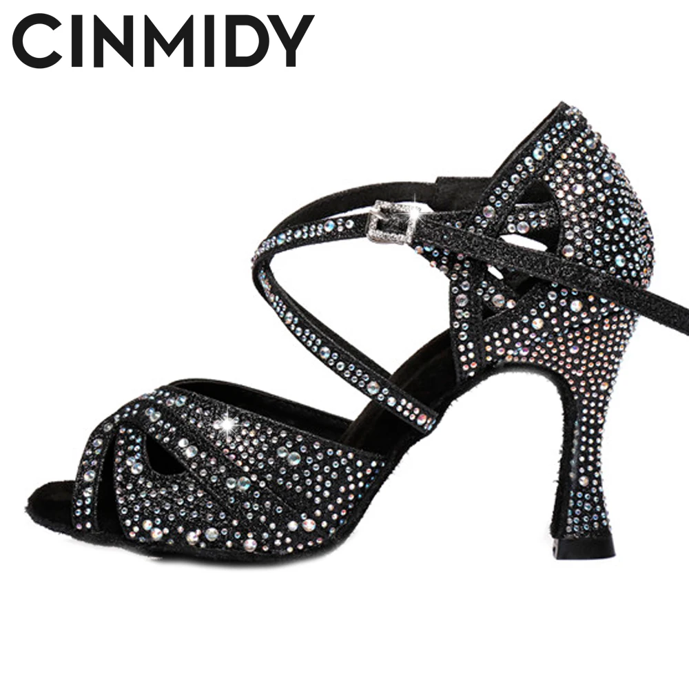 Rhinestone Latin Dance Shoes CINMIDY Tango Ballroom Dance Shoes Ladies High Heels Soft Sole Women Sandals Wedding Women dance shoes