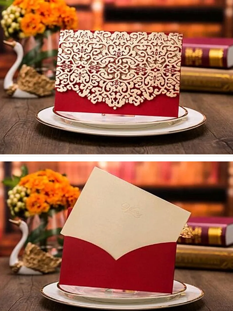 

50pcs Blue/Red Laser Cut Wedding Invitations Blue Elegant Wedding Invitation Card Envelope Inner Paper Seal