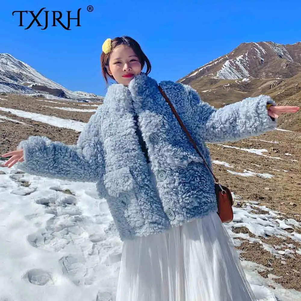 

TXJRH Korea Hairy Shaggy Faux Lamb Fur Stand Collar Pockets Single-breasted Coat Women Keep Warm Jacket Outerwear Tops 2 Colors