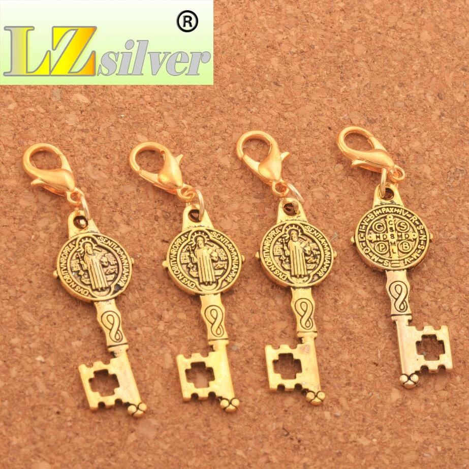 Saint Medal Cross Key Lobster Claw Clasp Charm Beads 12.5x46.5mm 100PCS zinc alloy  Bronze Jewelry DIY C1640