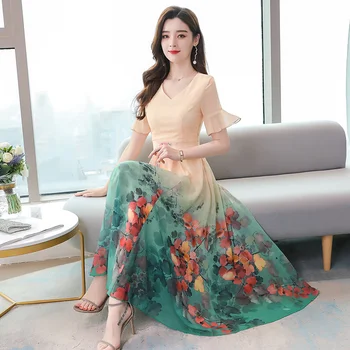 

2020 Floral Chiffon Beach Maxi Dress Spring Summer Plus Size 3XL Vintage Runway Midi Dress Elegant Women Bodycon Party Vestidos