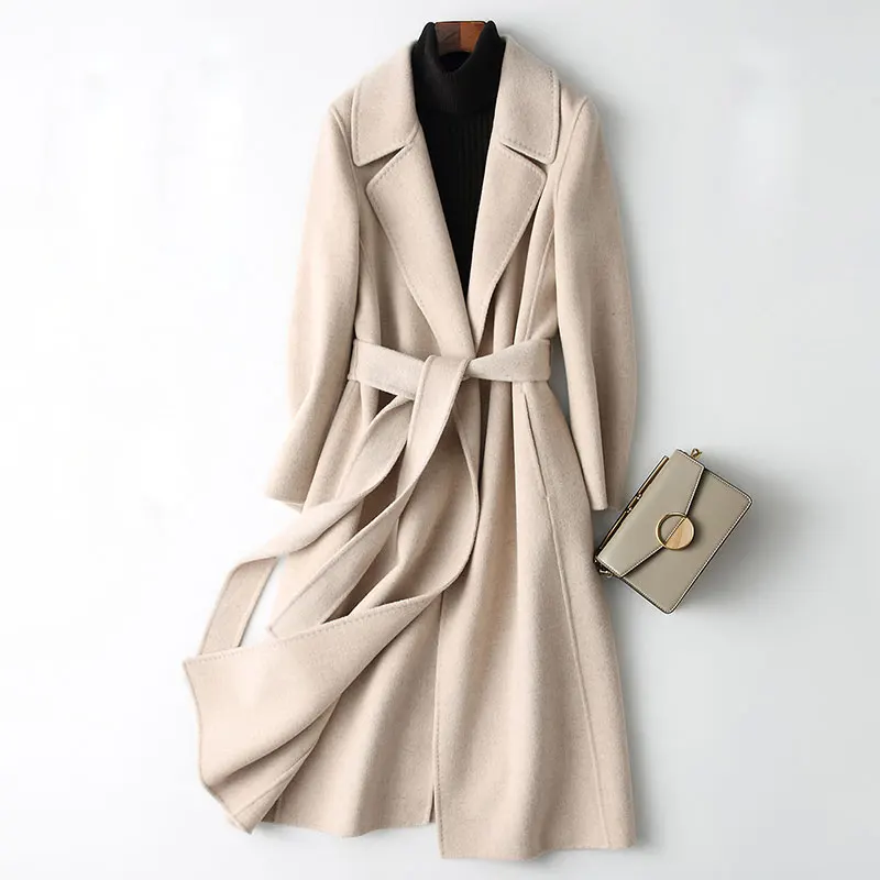 Новинка, двухстороннее шерстяное пальто для женщин, осень и зима, модная удлиненная шерстяная Верхняя одежда с отложным воротником