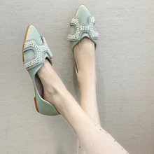 DiJiGirls H/повседневные летние кроссовки; женские лодочки; удобные лоферы с острым носком на плоской подошве; летние туфли без застежки с жемчугом; Цвет зеленый, бежевый