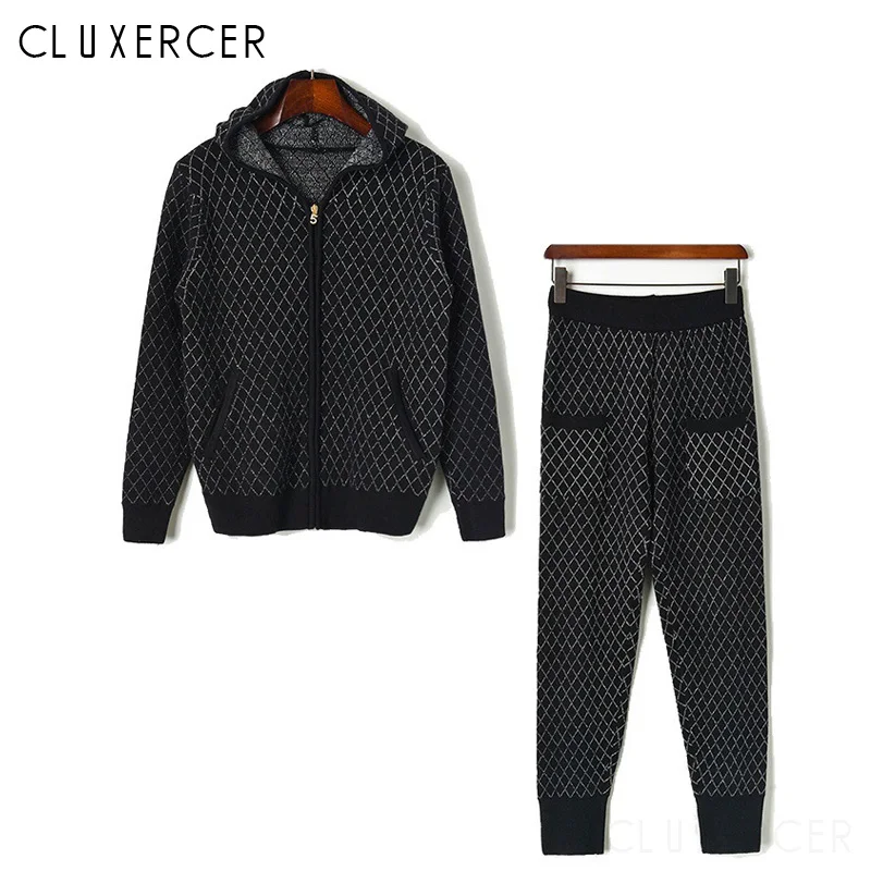 Women's Knitting Tracksuits Long Sleeve Casual Plaid Hooded Cardigans+Pants 2 Piece Set Female Zipper Sporty Clothes Suit |