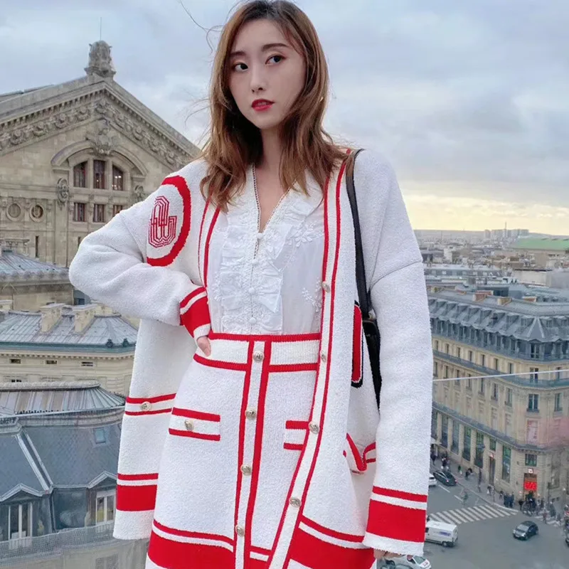 

V-neck Contrast Color Knit Cardigan Women's Preppy Style Long Sleeve Sweater Coat Single Breasted Letter Knitwear Jacket Pockets