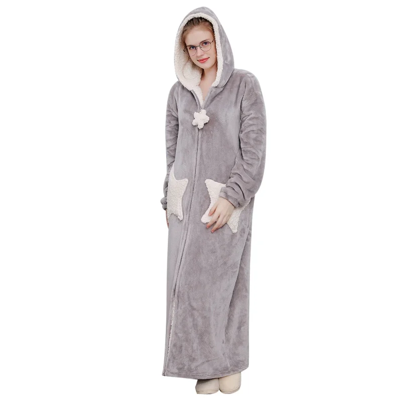 Autumn Winter Robe Plus Long Robe Coral Velvet Couple Nightgown Thickening Five-pointed Star Pocket Hooded Long Home Robe