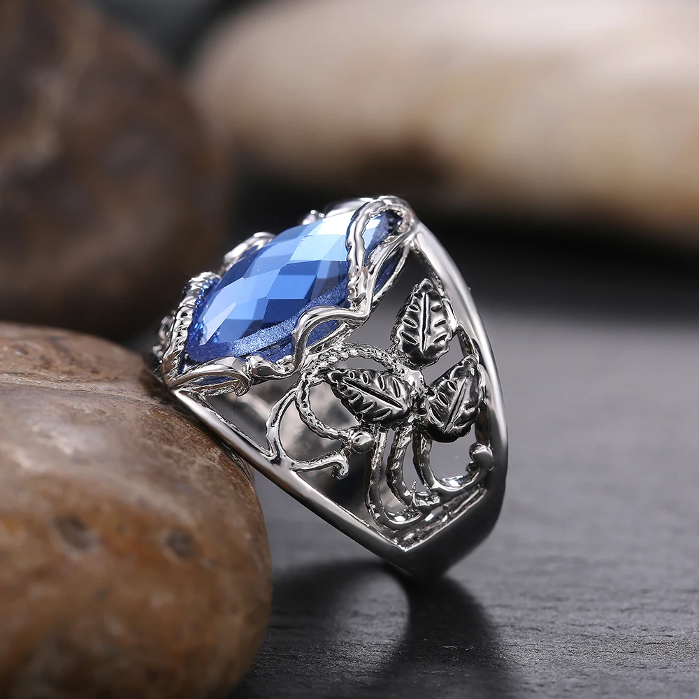 Huitan Fashion Wide Women Ring for Party Daily Wearable Jewelry Noble Rhombus Cut Blue Horse Eye Drill Stone Hollow Leaf  Rings 4