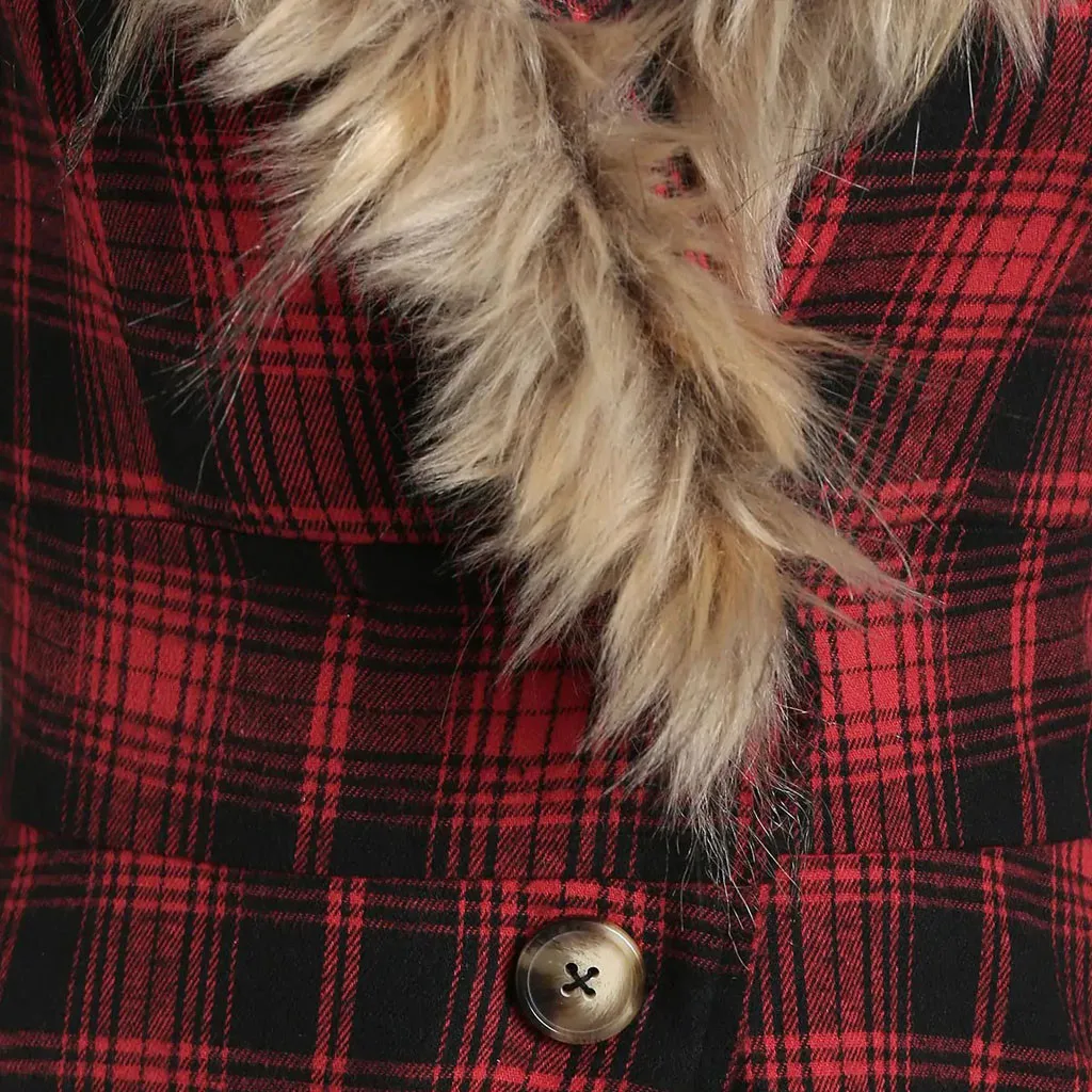Fashion Plaid Warm Coat Casual Ladies Hooded Fur Collar Buttons Tunic Jacket Coat Female Winter Long Sleeve Womens Outerwear