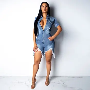 

2019 Summer Women Solid Hole Denim Bodycon Playsuit Blue Deep V-Neck Jean Rompers Sexy Hollow Out Short Jumpsuit