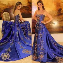 Королевский синий с золотой вышивкой аппликация Формальные Вечерние платья Роскошные бисерные бальные платья атласные подметать поезд Променад платья