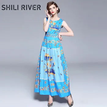 

New summer ankle length long vest dress for women a line sleeveles slim girl cute blue elegant floral print pleated full dress