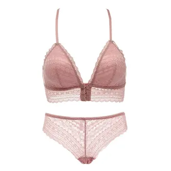 

Fashion Sexy Lingerie Set Lace Front Padded Buckle Beauty Back No Steel Ring Gathered Bra + Briefs Set 4 Colors