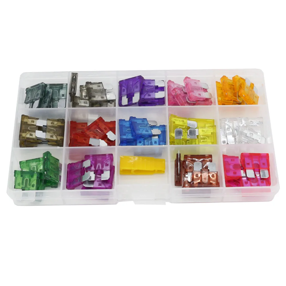 

70 PCS medium blade automotive fuse kits for 1/2/3/4/5/7.5/10/15/20/25/30/35/40/45/50A plastic box car fuse box