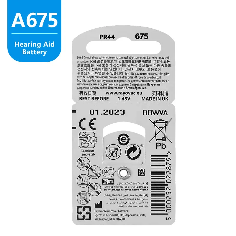 RAYOVAC Пик 60 x слуховой аппарат батареи 675A! 60 шт. батареи слухового аппарата. Цинк воздух 675/A675