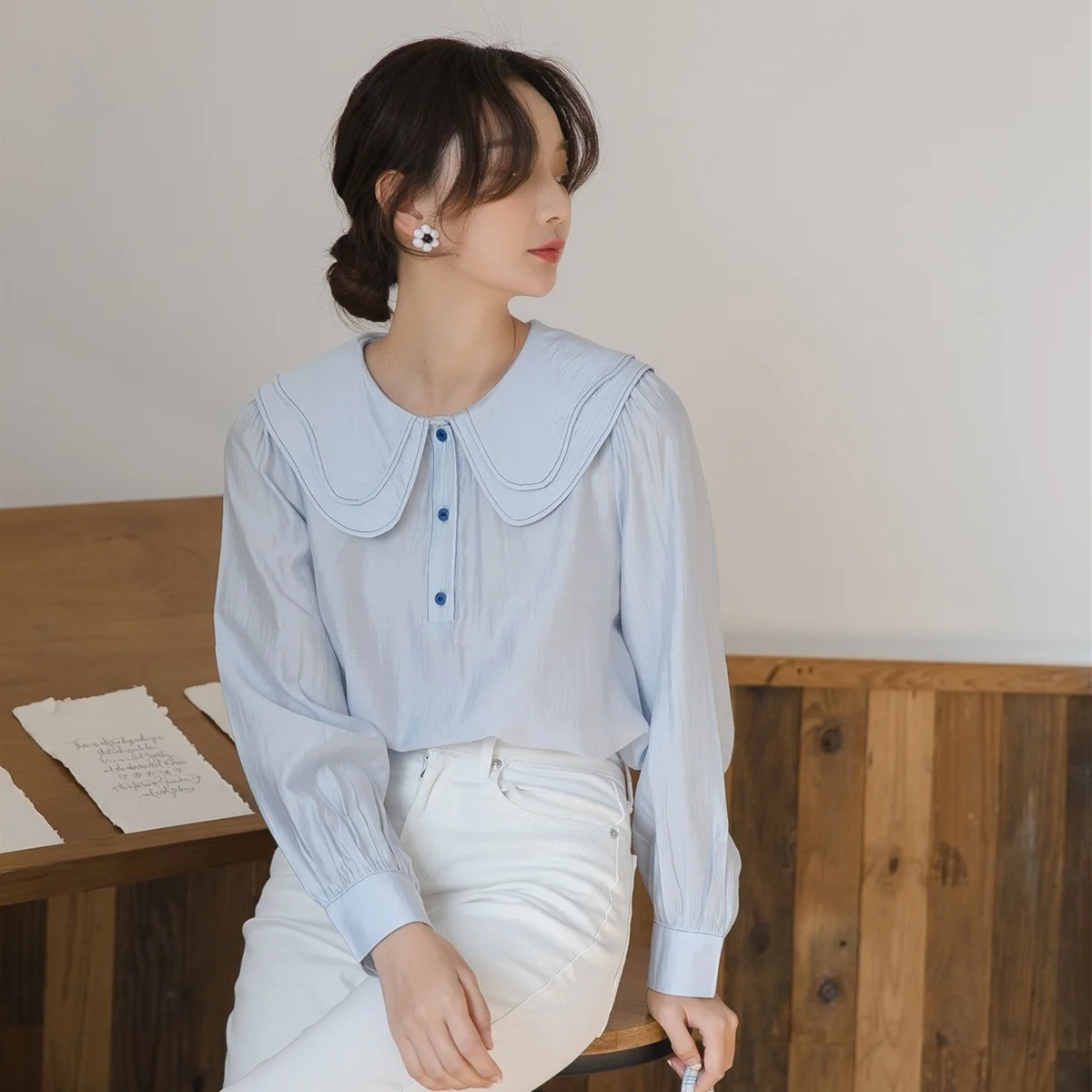 Fall 2021 New Design Sense Fashion Shirt Niche Double Doll Collar Long Sleeve for Women | Женская одежда