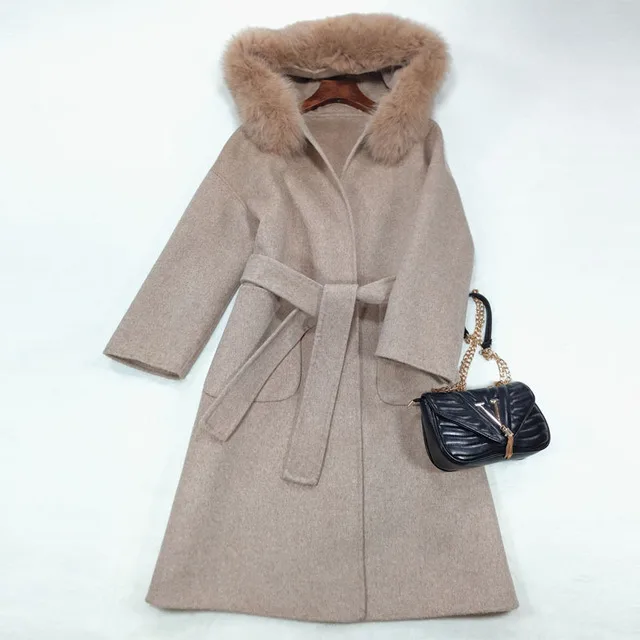 Отличное качество, двухсторонние кашемировые шерстяные куртки, женские большие теплые шерстяные куртки с натуральным лисьим меховым воротником и капюшоном F465 - Цвет: coffe