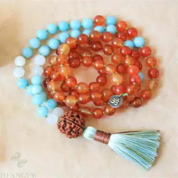 

6MM Red Chalcedony Aquamarine Mala necklace 108 Beads Tassel Wrist Unisex pray Gemstone Bless Buddhism Sutra cuff Wristband
