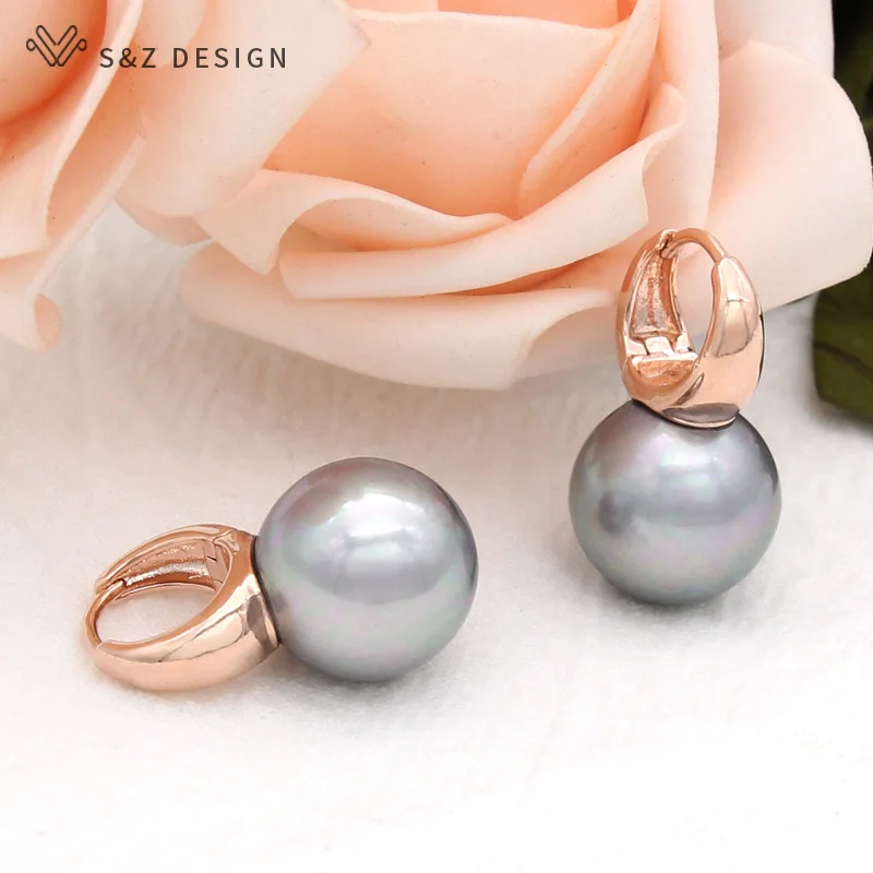 S&Z DESIGN New Fashion Fine Round Imitation Pearl Dangle Earrings For Women 585 Rose Gold Color Wedding Jewelry