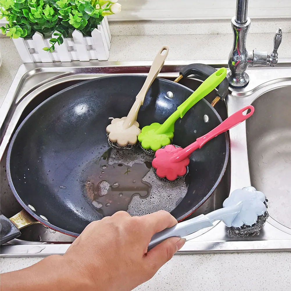 4Pcs Pan Brush Handhold Hanging Durable Dish Cleaning Tool Practical Anti-wear Cleaner Steel Wool Long Handle Kitchen Supplies