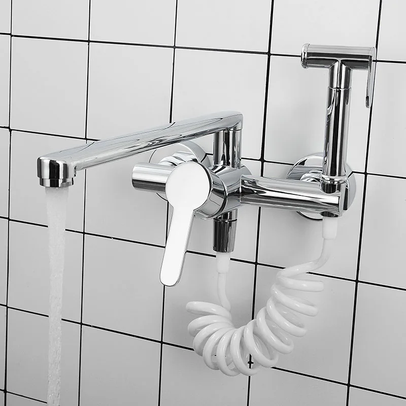  Kitchen Faucet Chrome Plated Brass Kitchen Sink Mixer Wall Mounted Water Tap With Sprayer - 4000051409399