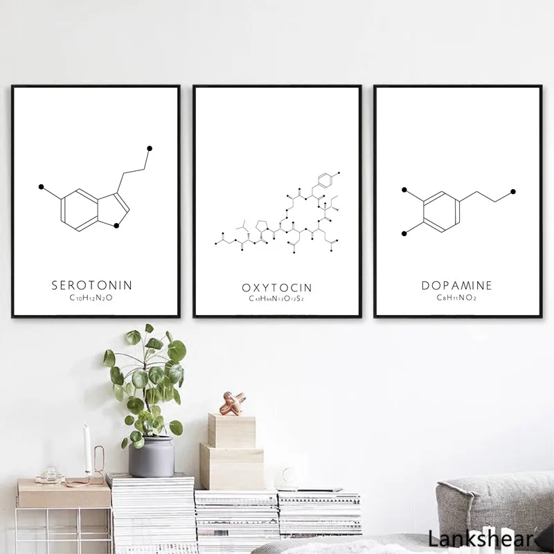 Molecule Serotonin Wall Art Canvas Poster Print Oxytocin & Dopamine Painting Molecular Structure Picture Chemistry Science Decor | Дом и