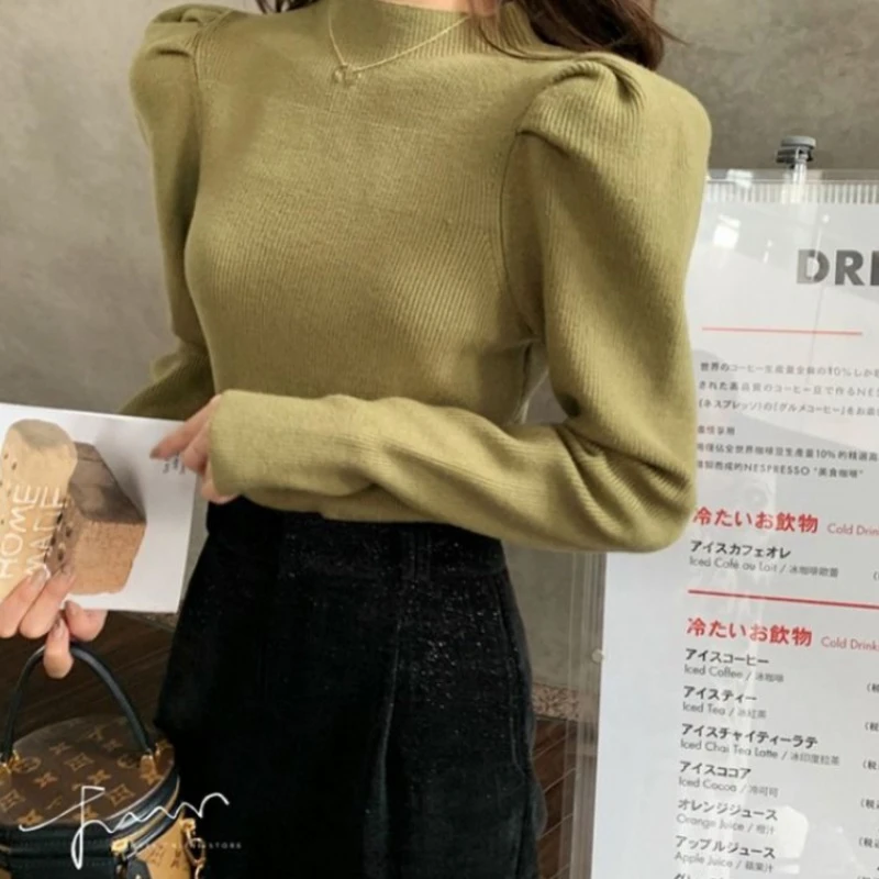 YAMDI vintage puff sleeve sweater women spring autumn 2020 new arrival female woman jumper solid o neck knit top pullove | Женская