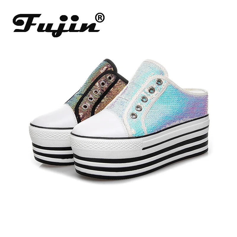 

fujin Casual Women's Shoes 2020 Spring Summer Elevator Shoes Half Support without Heel fashion Pedal Women's Shoes Sequins