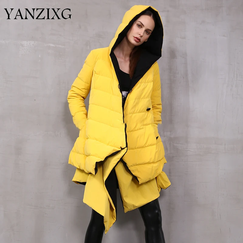 

Loose Fit Pleated Double-sided Wear Down Jacket New Hooded Long Sleeve Warm Women Parkas Fashion Autumn Winter 2019 S205