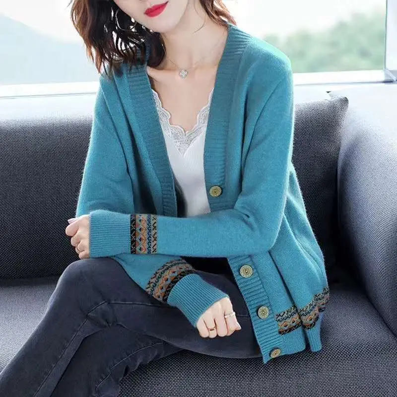 Cárdigan de punto para mujer, Tops de talla grande, suéter Vintage de manga larga, ropa de otoño invierno con cuello de pico, informal para mujer, verde y rosa