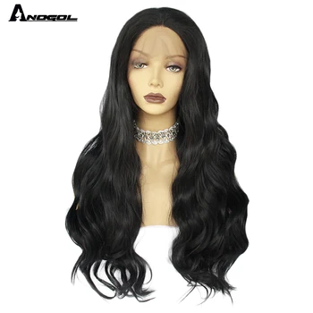 

ANOGOL High Temperature Fiber Long Body Wave Black Synthetic Lace Front Wigs For Women With Free Part