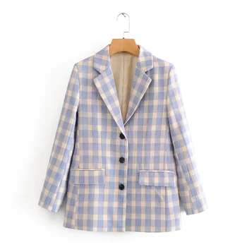 

Vintage Elegant Women Plaid Blazers 2020 Fashion Female Pockets Notched Blazer Casual Ladies Chic Suit Tops