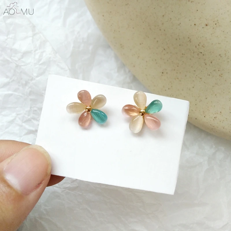 

AOMU 2019 Cute Sweet Small Flower Colorful Resin Opal Simple Stud Earrings for Women Girl Gift Jewelry Bijoux Accessories