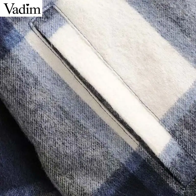 Женское элегантное платье vadim больших размеров, клетчатая куртка с длинным рукавом и карманами, свободные Стильные пальто, женская офисная одежда, Повседневные базовые Топы CA624