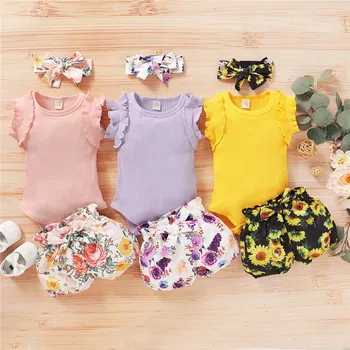 

Pudcoco Fast Shipping 0-24M Toddler Baby Girl Clothing Set Short Sleeve Solid Knitting Romper Top Floral Short Headband 3Pcs Set