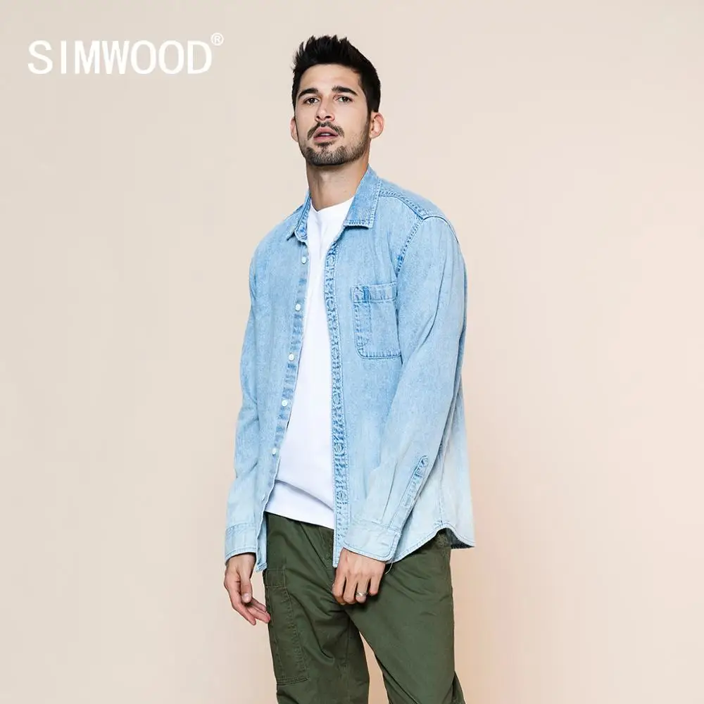 SIMWOOD 2020 spring summer new washed-denim western Shirt men fashion 100% cotton plus size comfortable shirts SJ120008 SIMWOOD 2020 spring summer new washed-denim western Shirt men fashion 100% cotton plus size comfortable shirts SJ120008