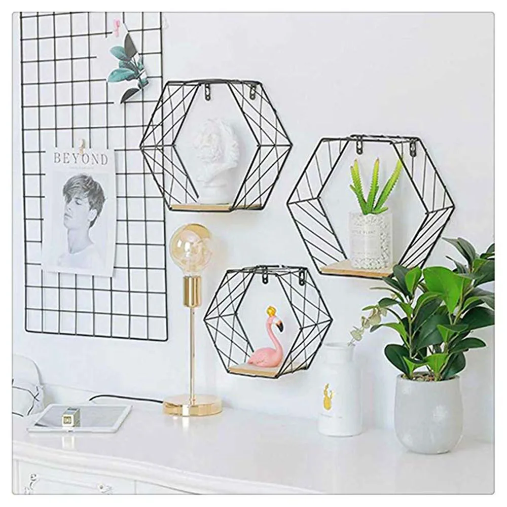 Nordic Iron Hexagonal Grid Wall Shelf Combination Wall Hanging Decorative Storage Rack Holder Display Crafts Shelves Dropshiping 2