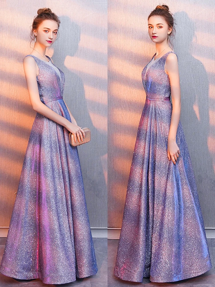 

Luxury Sleeveless Sparkly Lavender Ball Gown Evening Dresses 2020 New Double V-Neck A-Line Formal Women Party Dress