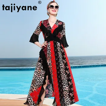 

100% Real Pure Silk Dress Women Clothes 2020 Korean Vintage Leopard Sexy Long Beach Party Dress Women's Dresses Vestidos ZT2451