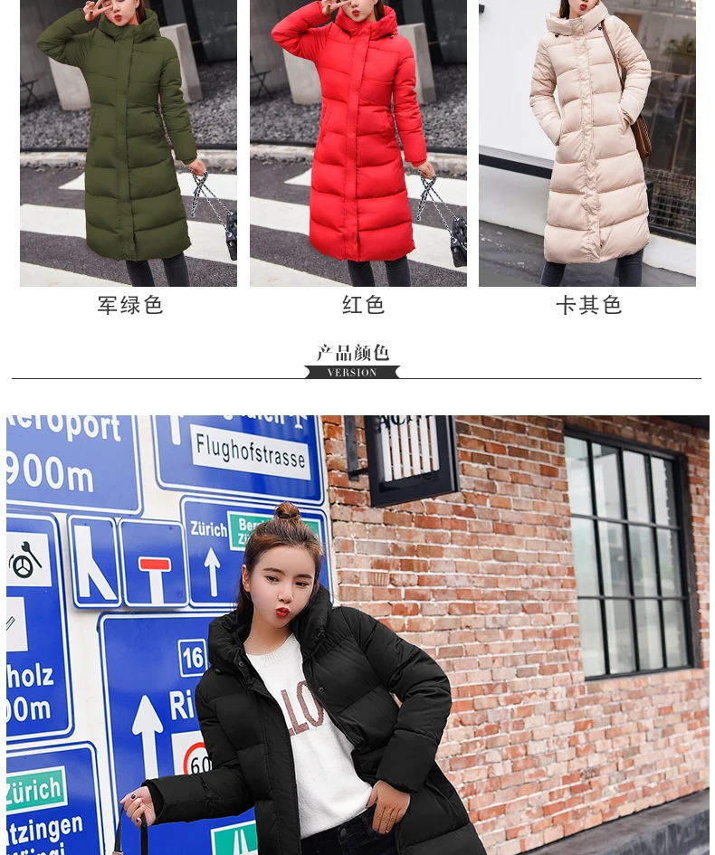 New down cotton dress large size long over knee hooded cotton down jacket slim fit coat