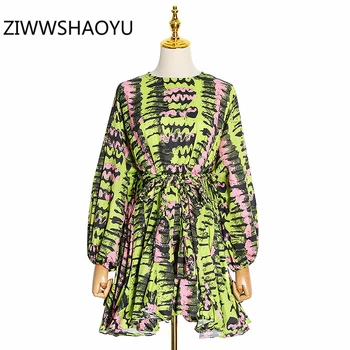 

ZIWWSHAOYU Women Summer Multicolor Print Bohemian Holiday Short Dresses Fashion Designer Bow Belt Ruffle Hem Elegant Mini Dress