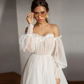 

New Design Off shoulder Puffy Sleeve Dot Tulle Wedding Dresses for Bridal Sexy Open Back Long Sleeve 3D Flower Bride Gown