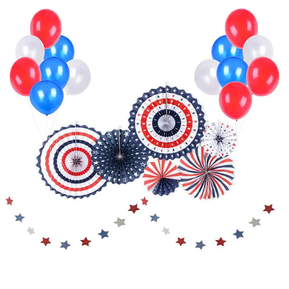 

37pc Red White Blue 4th of July Independence Day Memorial Day Patriotic Decorations American Party Paper Fans Latex Balloons