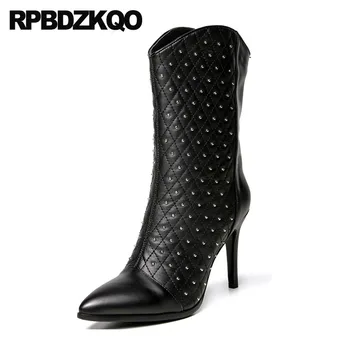 

genuine leather pointy rivet stud ankle stiletto sexy shoes women boots winter 2019 autumn pointed toe black high quality heel
