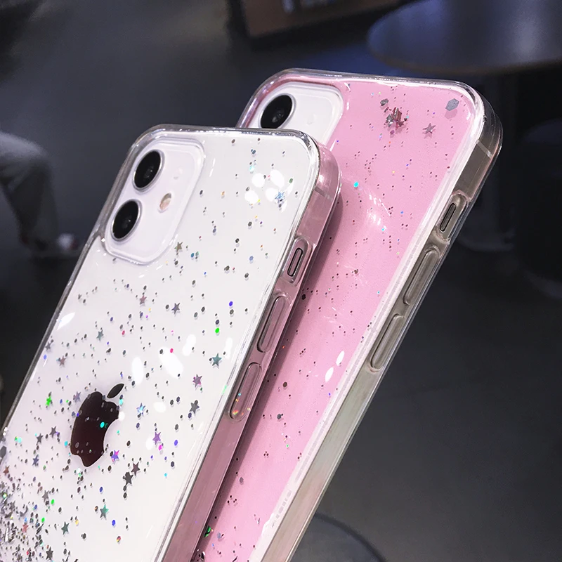 Luxury Glitter Star Sequins Bling Clear Phone Case For iPhone 13 Pro Max 12 Mini 11 XS XR X 7 8 Plus Transparent Soft Back Cover