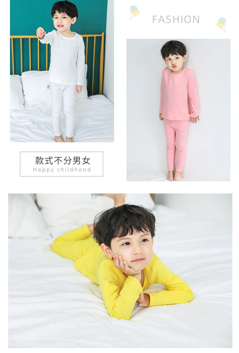 Autumn Children's Bottom Suit Boys Girls Clothes Long-sleeved T-shirt Cotton Set Candy Long-sleeved Trousers 2 Sets Nightwear