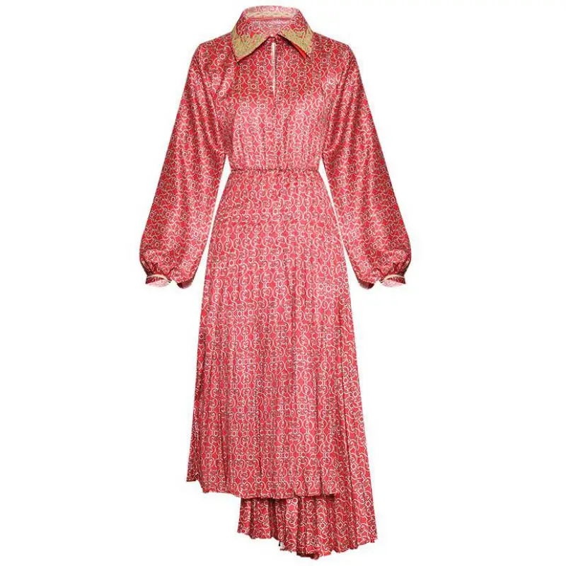 Красный RoosaRosee дизайнерское женское платье с отложным воротником, фонариком, длинным рукавом, цветочным принтом, плиссированное платье с асимметричным подолом, осень, халат Bestidos